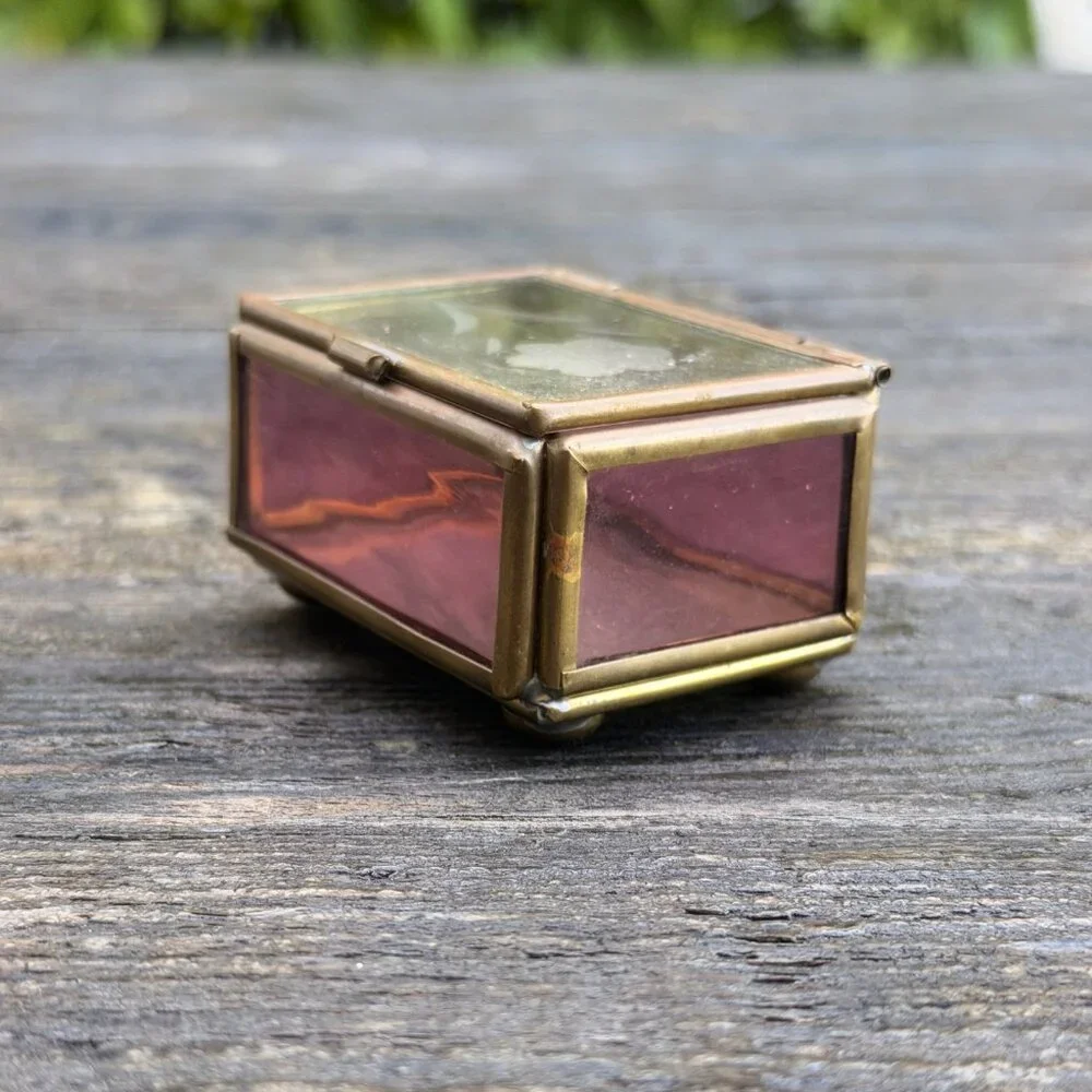 Vintage Via Vermont Etched Flower Pink Lavender Glass Brass Mirror Trinket Box
